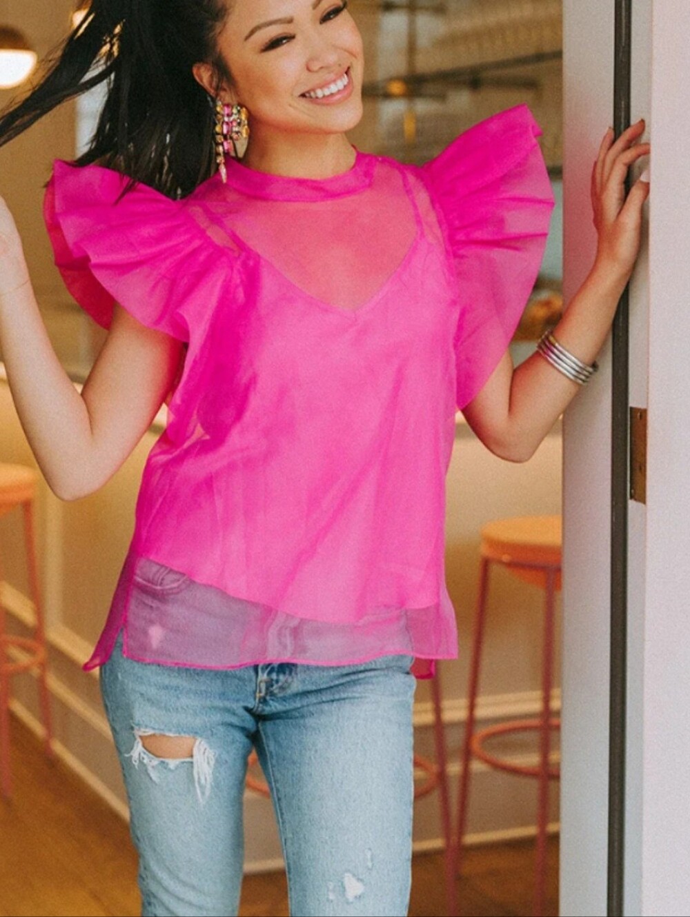 Buddy Love Hot Pink Sheer Puff Sleeve Top